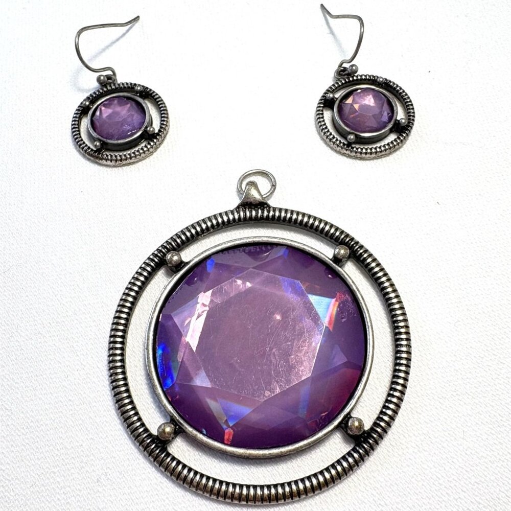 Amethyst Colored Bezeled Set Pendant and Pierced‎ Dangle Earrings Set